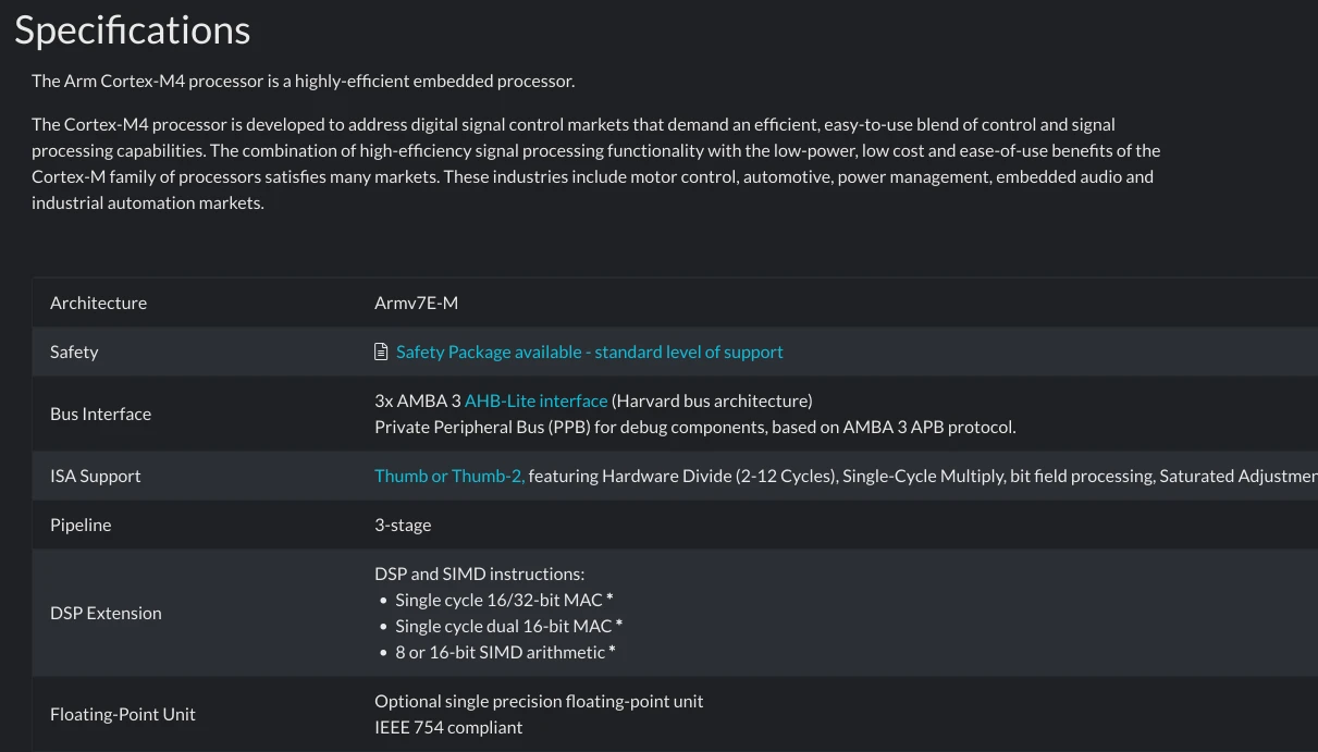 cortex-m4 processor spec