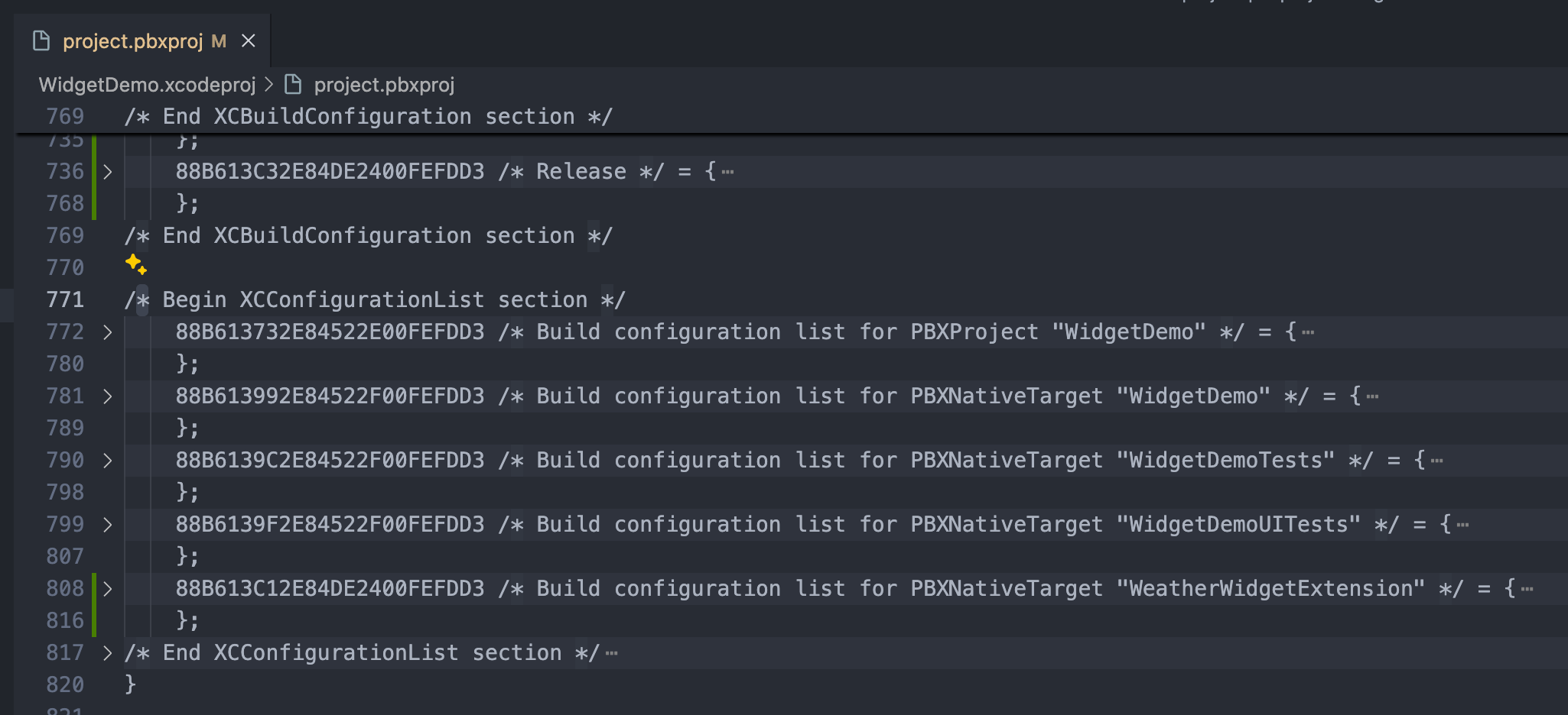 VSCode .pbxproj 파일 화면
